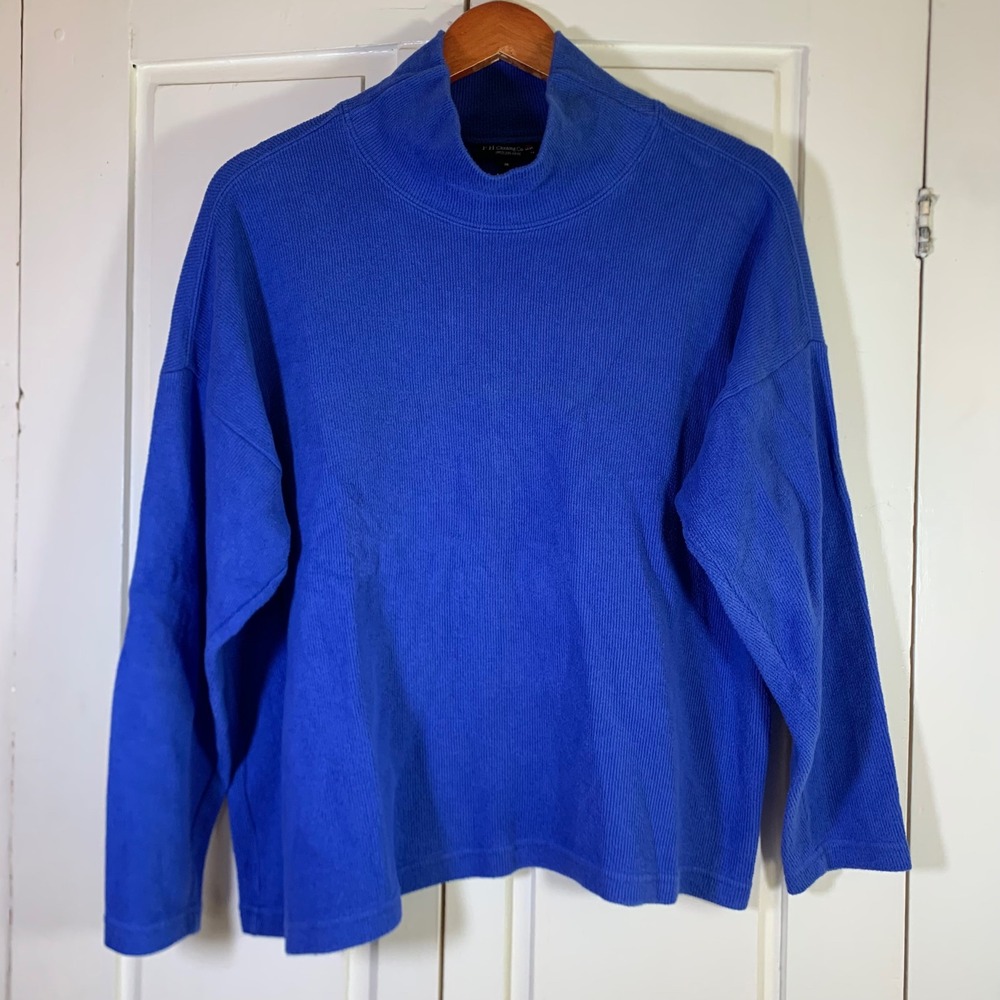 FH Clothing Co Royal Blue Ribbed Cotton Mock Neck Boxy Top Made in USA Large